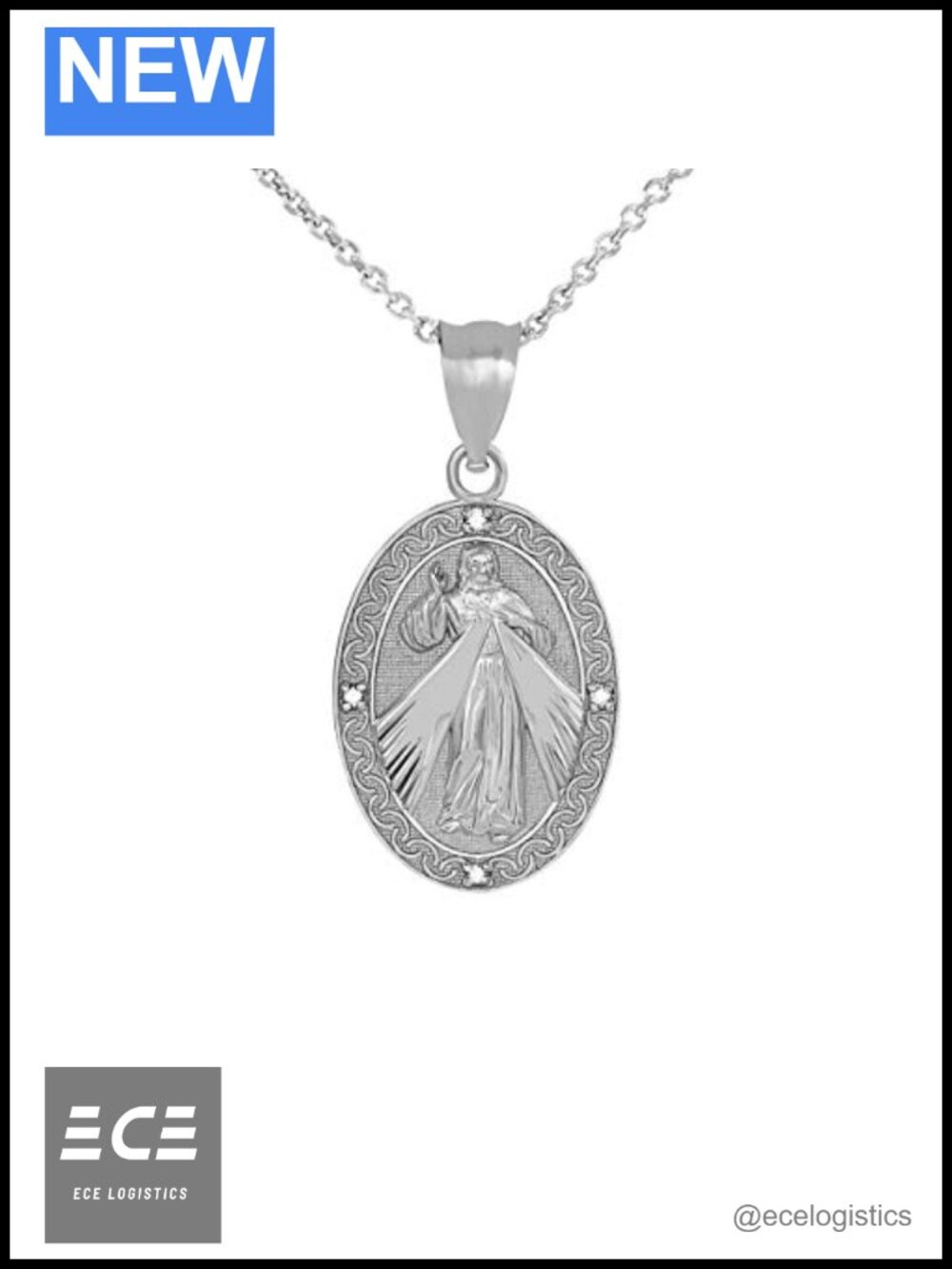 925 Sterling Silver Divine Mercy Jesus Medal CZ Pendant Necklace